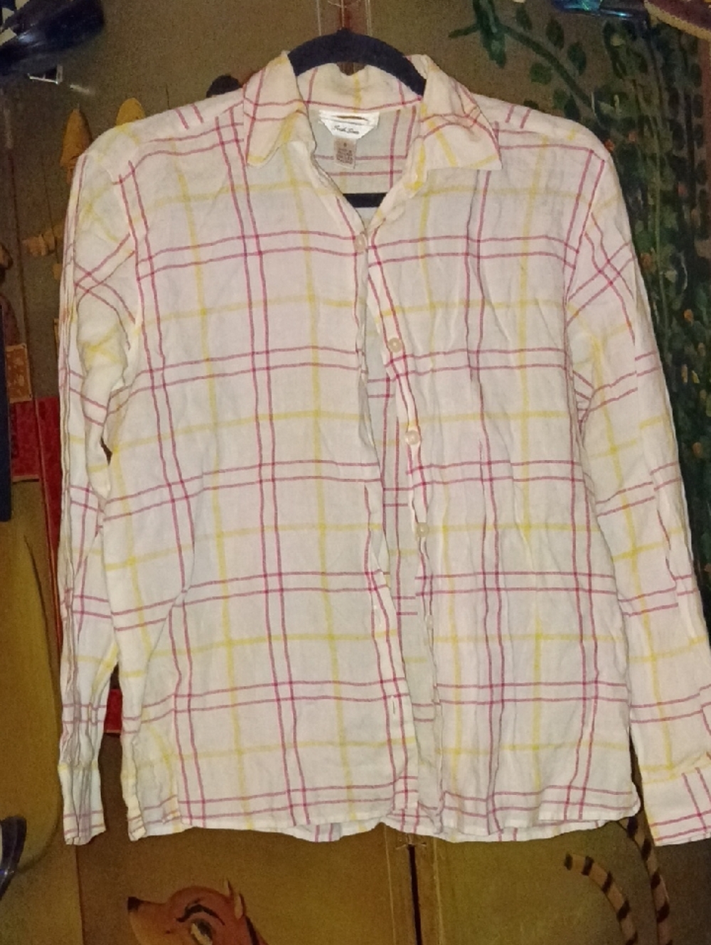 Talbots White Plaid Linen Button-Up Shirt with Pink and Yellow Stripes